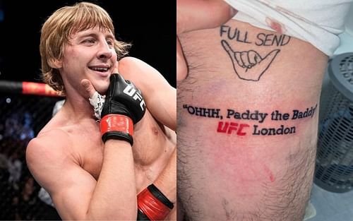 Paddy Pimblett (L) and the tattoo (R) [images courtesy of  @theufcbaddy Instagram and @owenwheatley41 Twitter]