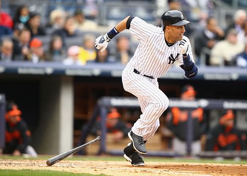 Derek Jeter gets a hit in a Baltimore Orioles v New York Yankees game.