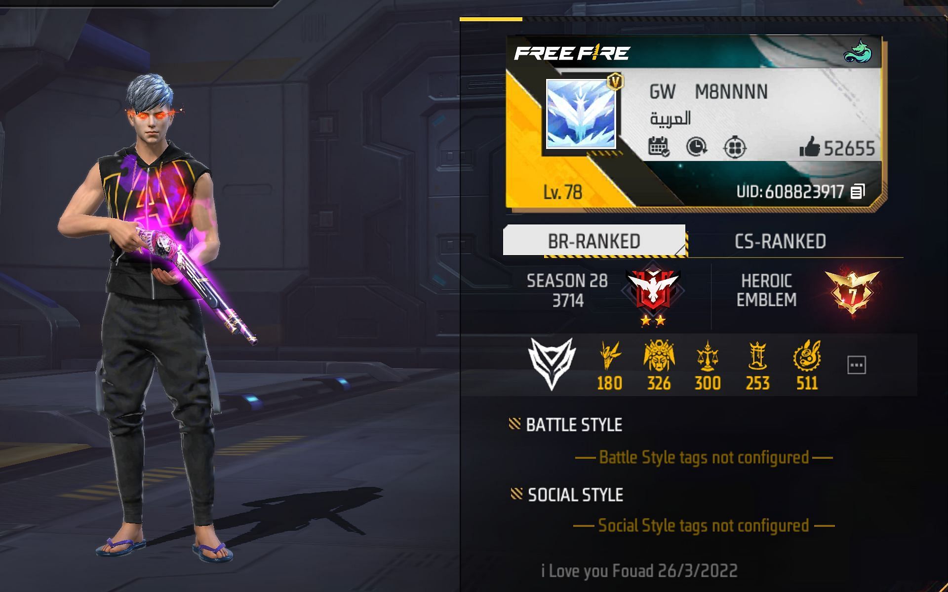 Here is M8N&rsquo;s Free Fire MAX ID (Image via Garena)