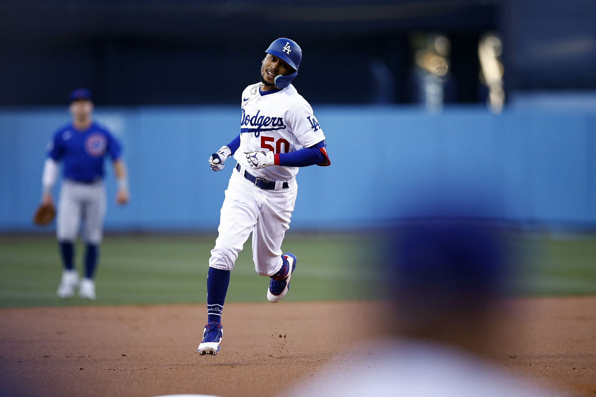 Mookie Betts celebrates a home run, Chicago Cubs v Los Angeles Dodgers.