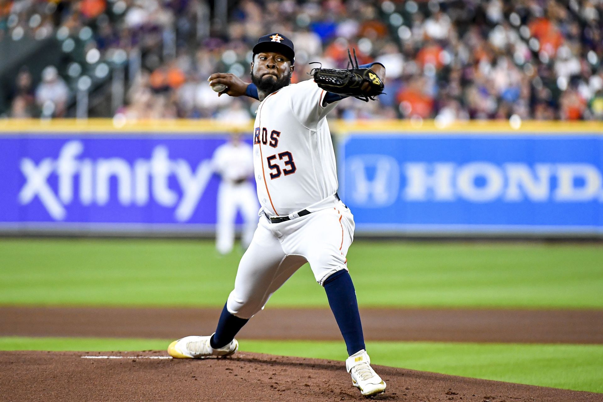 Cristian Javier of the Houston Astros pitches in the first inning against the Kansas City Royals.