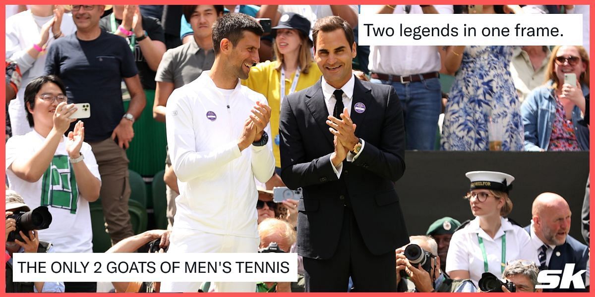 Roger Federer with Novak Djokovic at the Wimbledon parade of champions.
