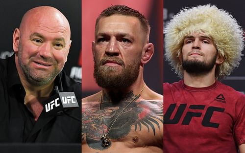 Dana White (L), Conor McGregor (M), and Khabib Nurmagomedov (R)