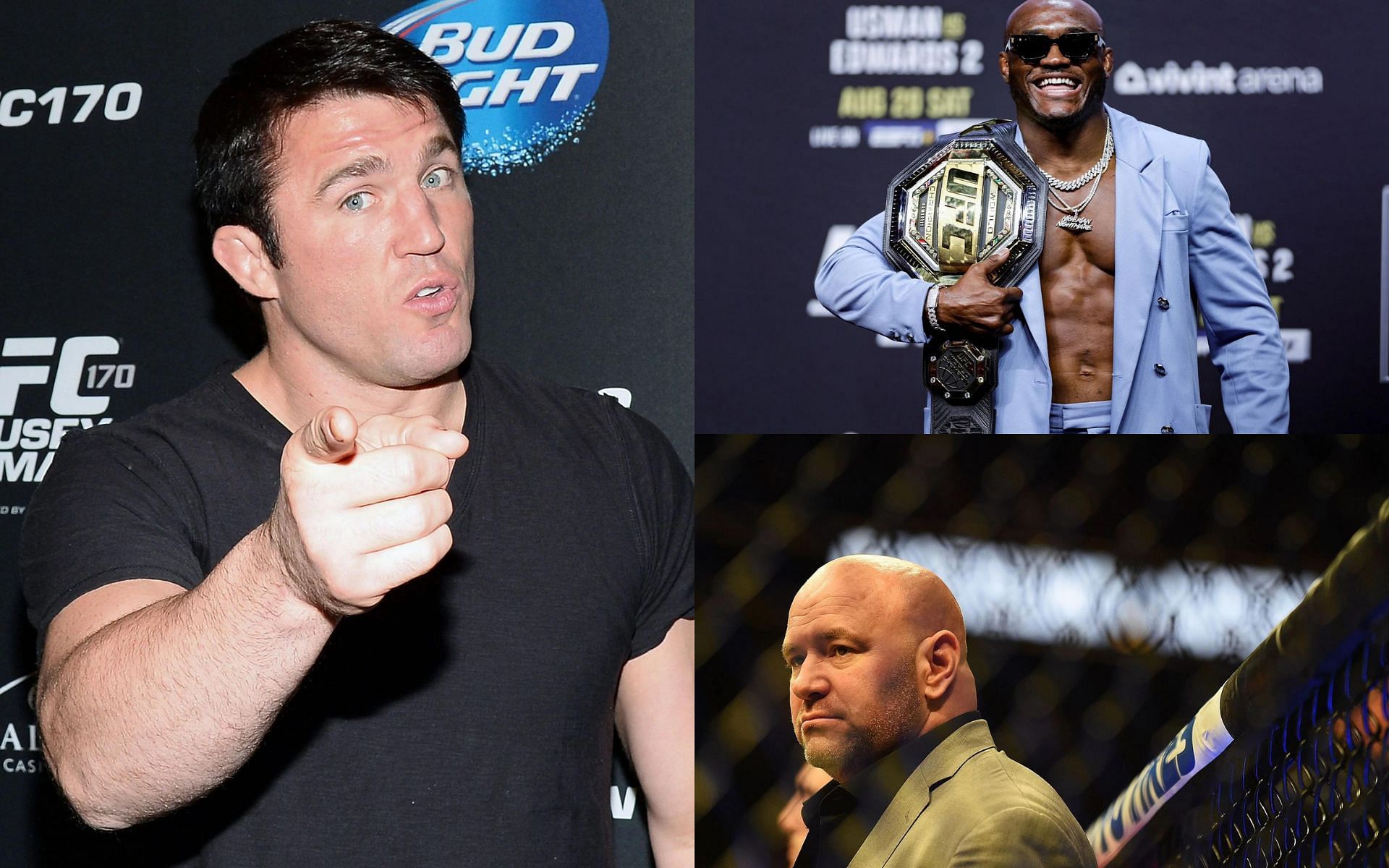 Chael Sonnen (Left), Kamaru Usman (Top Right), and Dana White (Bottom Right) 9Images courtesy of Getty)