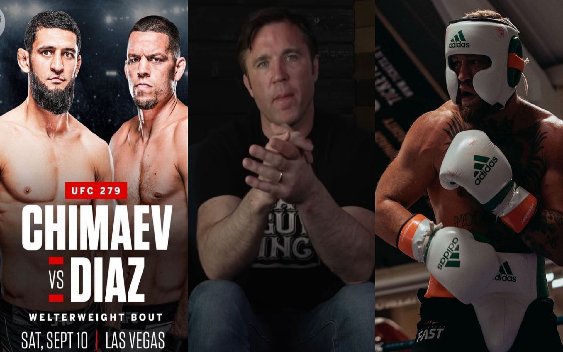 Khamzat Chimaev (far left), Nate Diaz (left), Chael Sonnen (middle), and Conor McGregor (right) [Images courtesy: @khamzat_chimaev, @sonnench, and @thenotoriousmma on Instagram]
