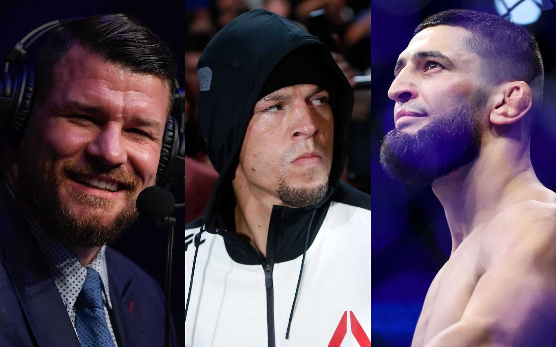 From left to right: Michael Bisping, Nate Diaz, and Khamzat Chimaev
