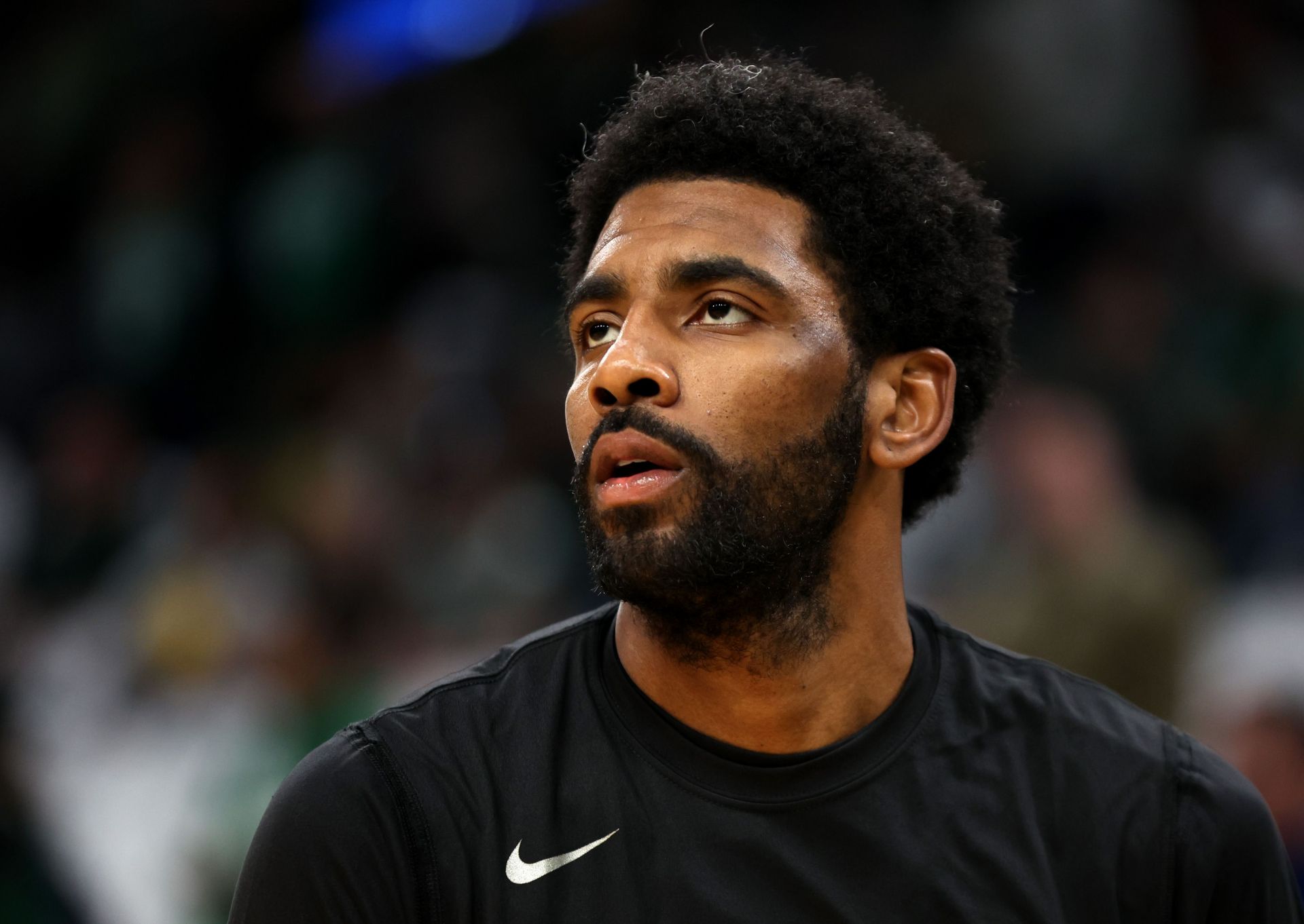 Kyrie Irving of the Brooklyn Nets looks on before Game 1 of the first round of the Eastern Conference playoffs on April 17 in Boston, Massachusetts.