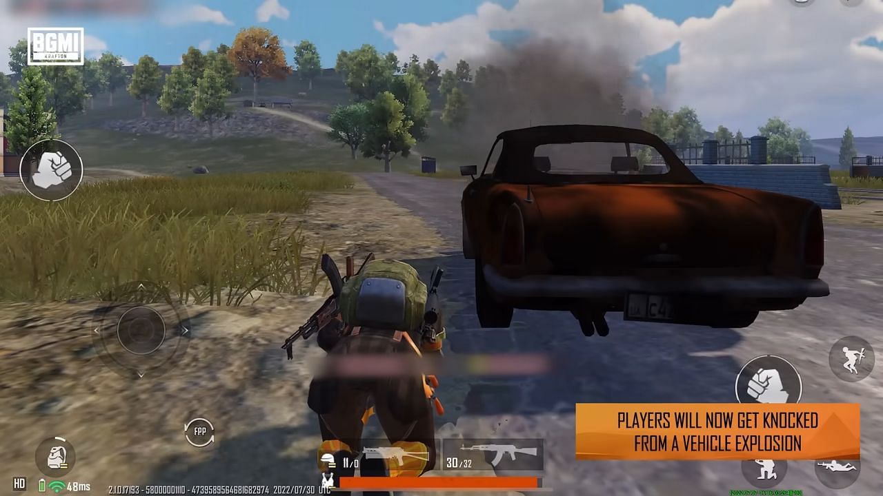 Users will only get knocked down if a vehicle explodes (Image via Battlegrounds Mobile India/YouTube)