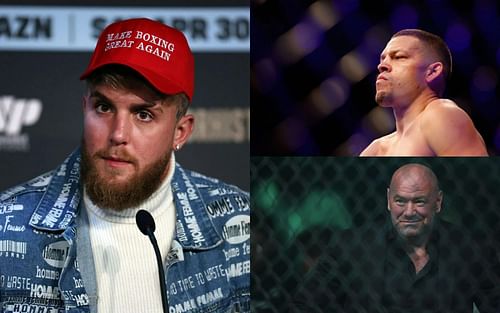 Jake Paul (left), Nate Diaz (top right), and Dana White (bottom right) [Images courtesy of Getty]