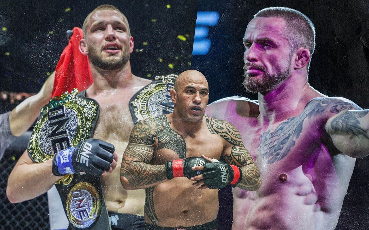 Brandon Vera (center) predicts the world title match between Reinier de Ridder (left) and Vitaly Bigdash (right). [Photos ONE Championship]