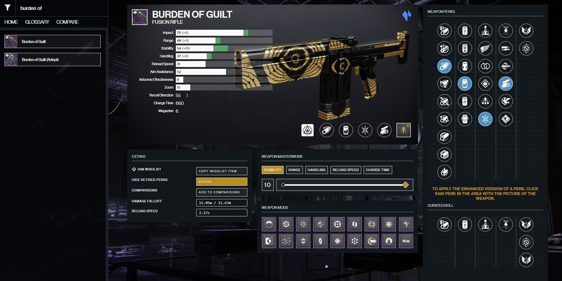 Best PvE perks for the Burden of Guilt (Image via Destiny 2 Gunsmith)