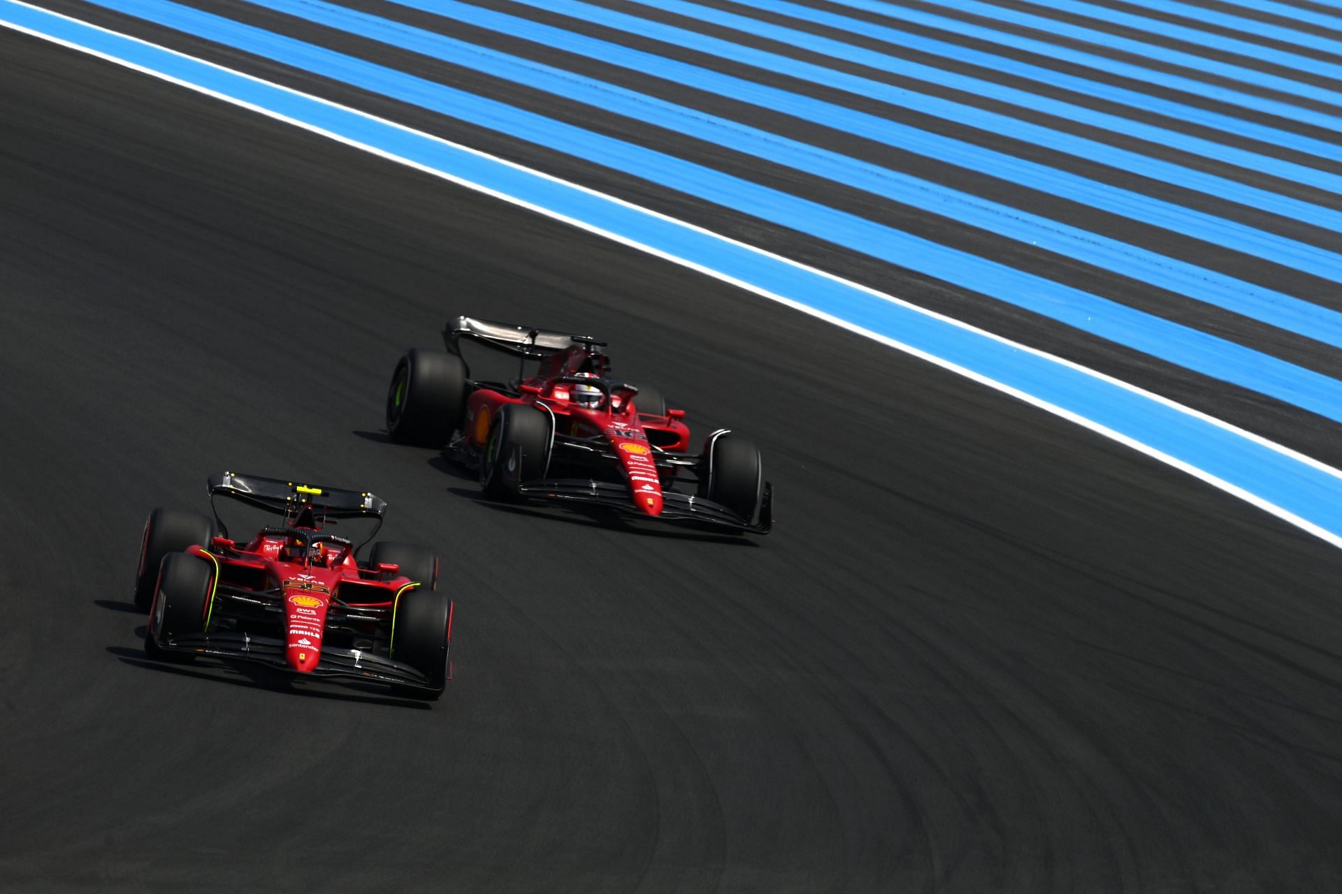Carlos Sainz (#55) and Charles Leclerc (#16), Ferrari F1-75, at the 2022 French GP