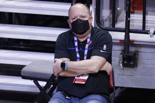 Leon Rose looks on during the third quarter against the Miami Heat