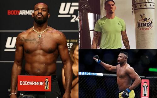 Jon Jones (left), Tom Aspinall (top right), and Francis Ngannou (bottom right) [Images courtesy of Getty and @tomaspinallofficial Instagram]