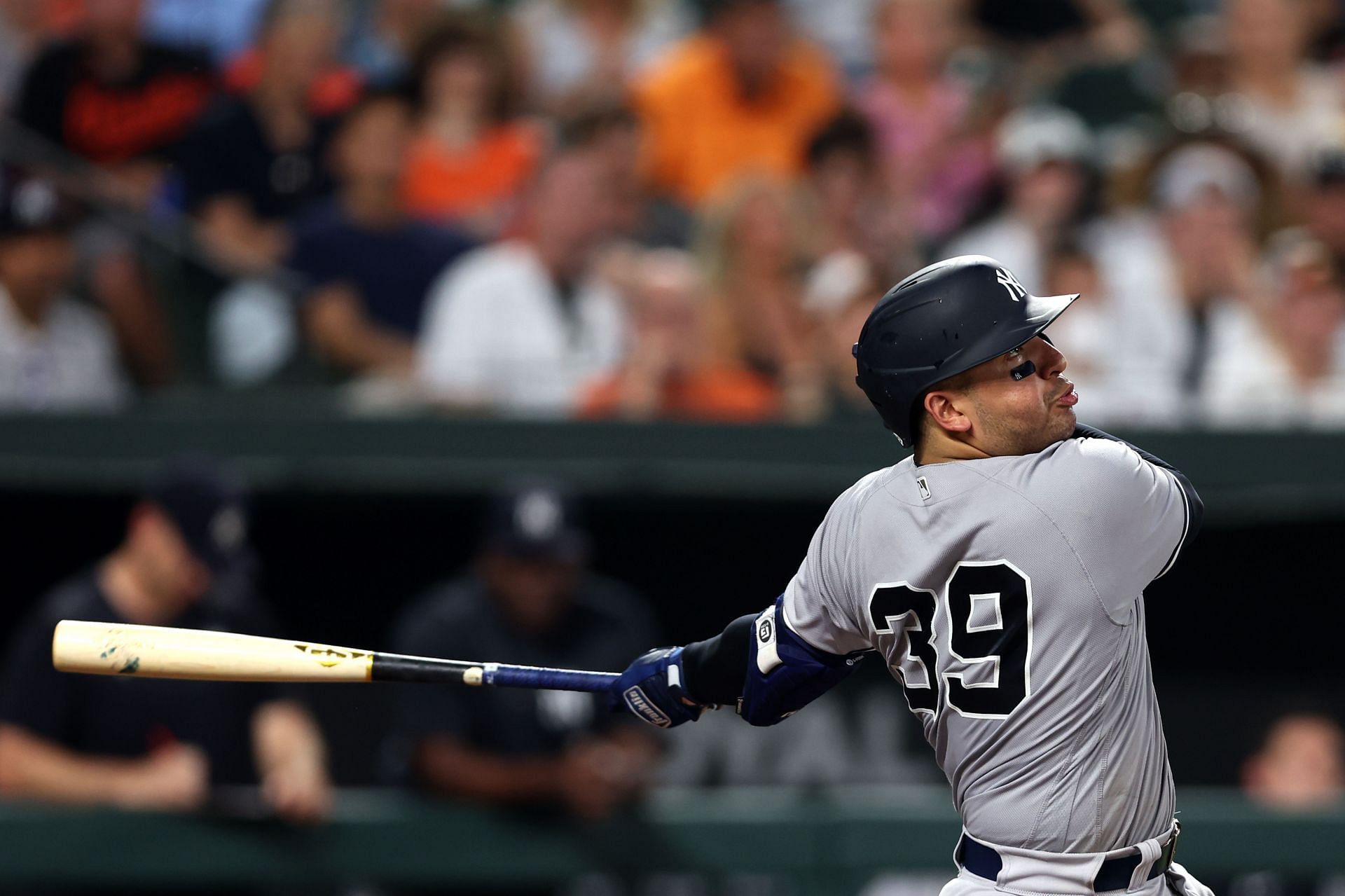 Jose Trevino gets a hit against the Orioles.