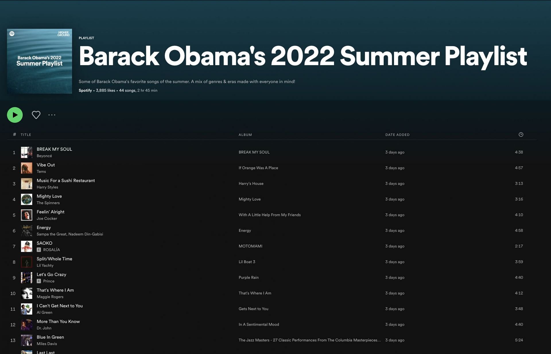 From Beyonce, to Harry Styles to Drake, Spotify users can enjoy Obama&#039;s 2022 summer playlist (Image via Spotify)