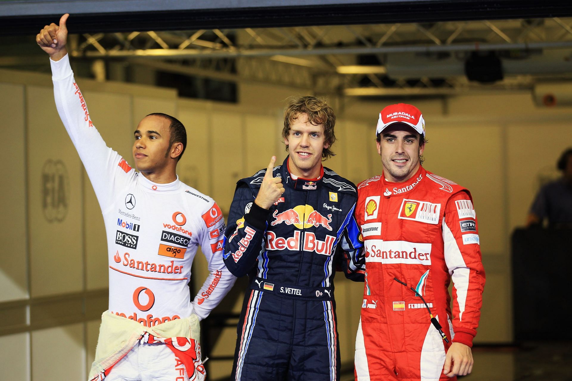 (L to R) Lewis Hamilton, Sebastian Vettel, and Fernando Alonso at the 2010 Abu Dhabi GP