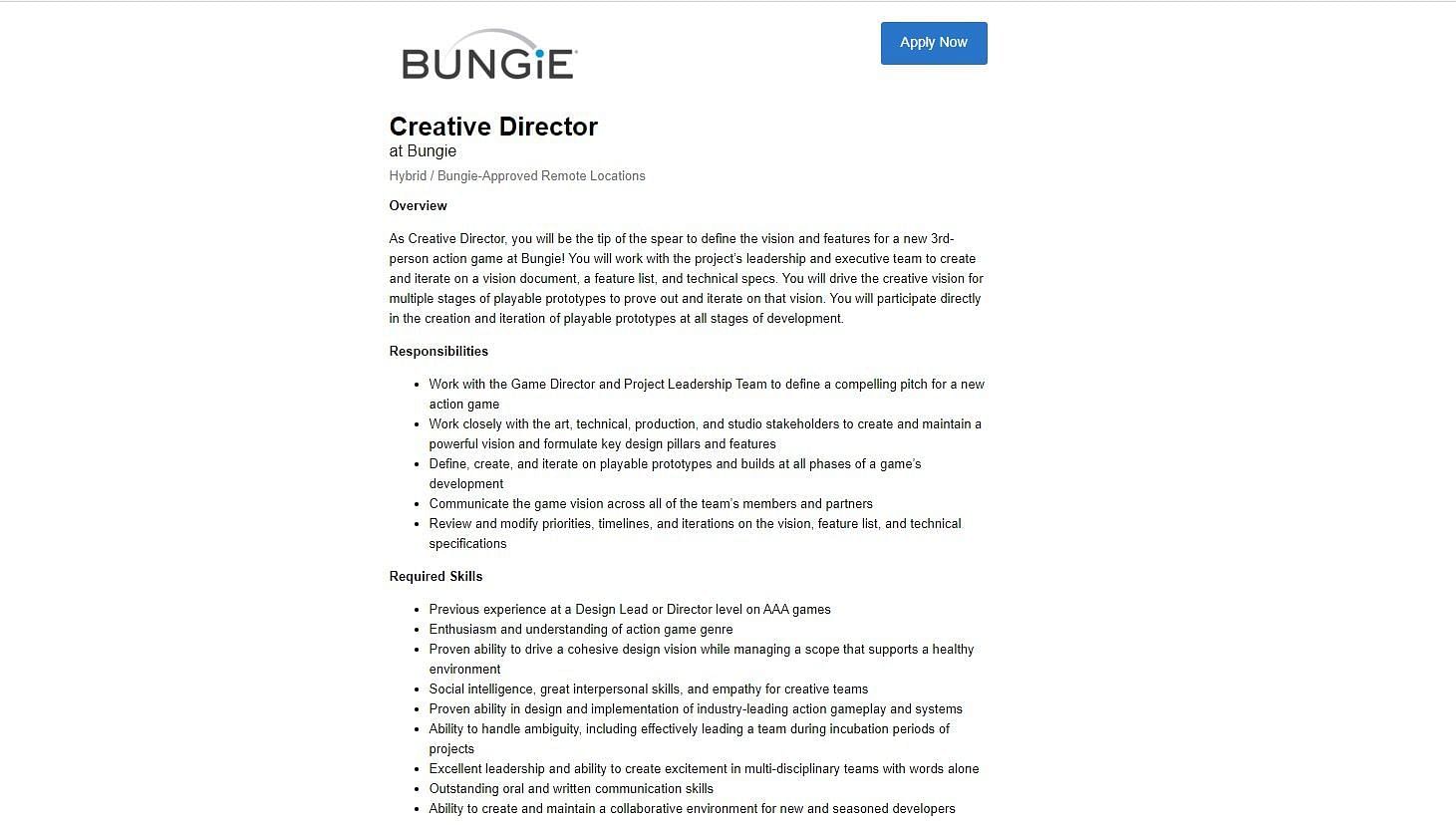 The listing for the Creative Director post at Bungie (Screenshot by Sportskeeda)