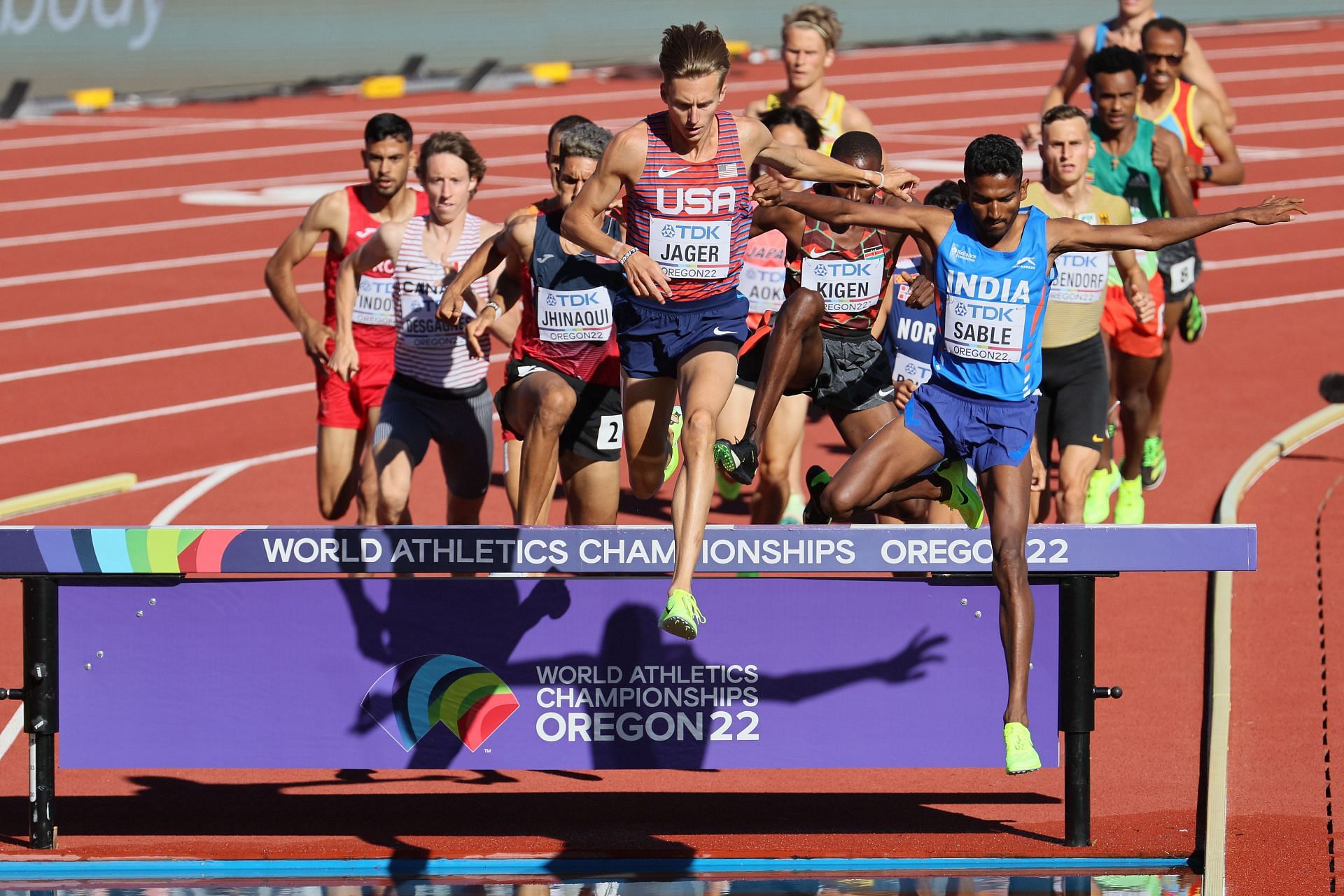 World Athletics Championships Oregon22 - Evan Jager (USA) and Avinash Sable (India) in action in the Men&rsquo;s 3000 Meter Steeplechase heats.