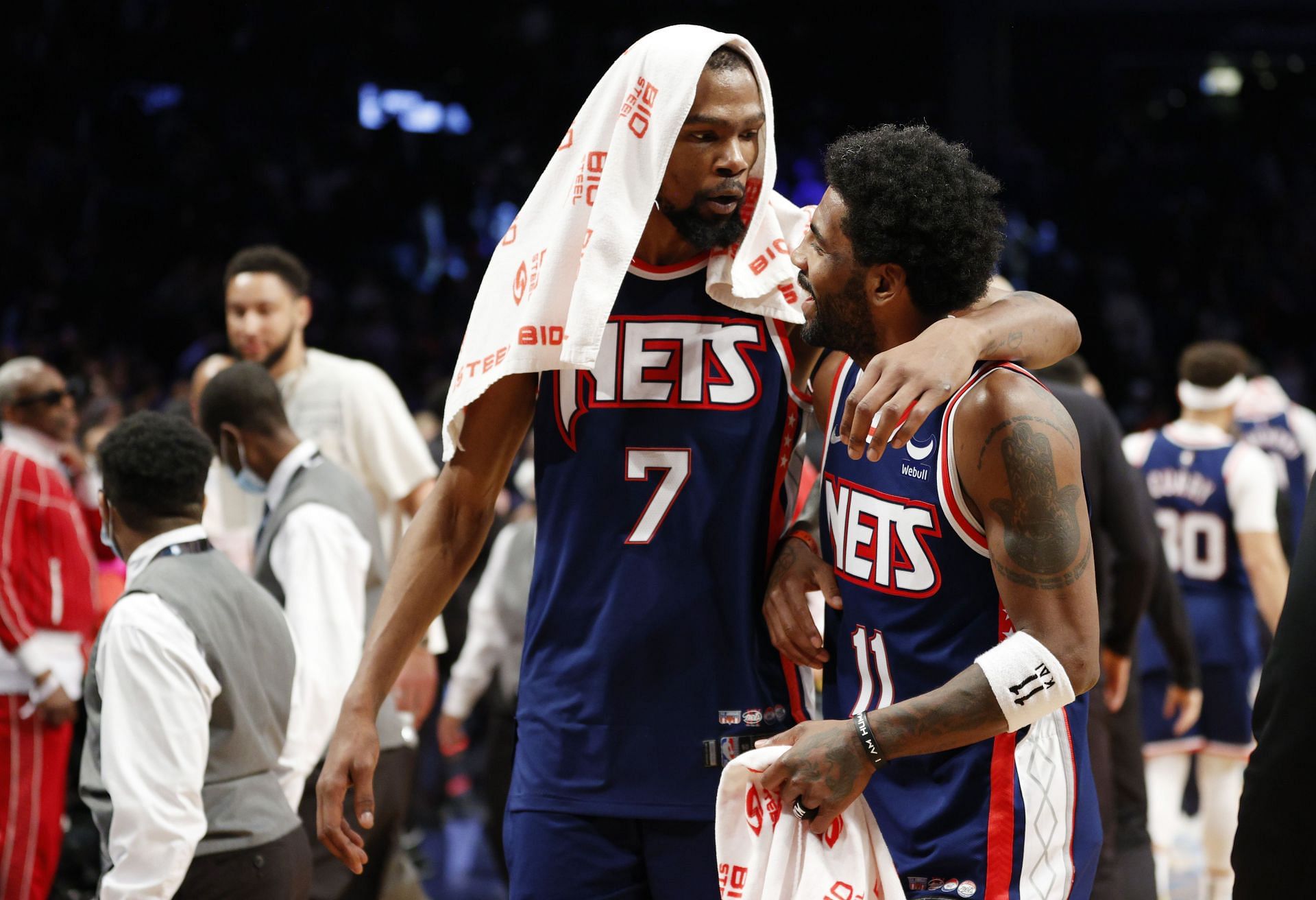 Kevin Durant reacts with Kyrie Irving of the Brooklyn Nets.