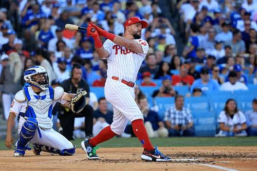 Kyle Schwarber of the Philadelphia Phillies bats during the Home Run Derby at Dodger Stadium.