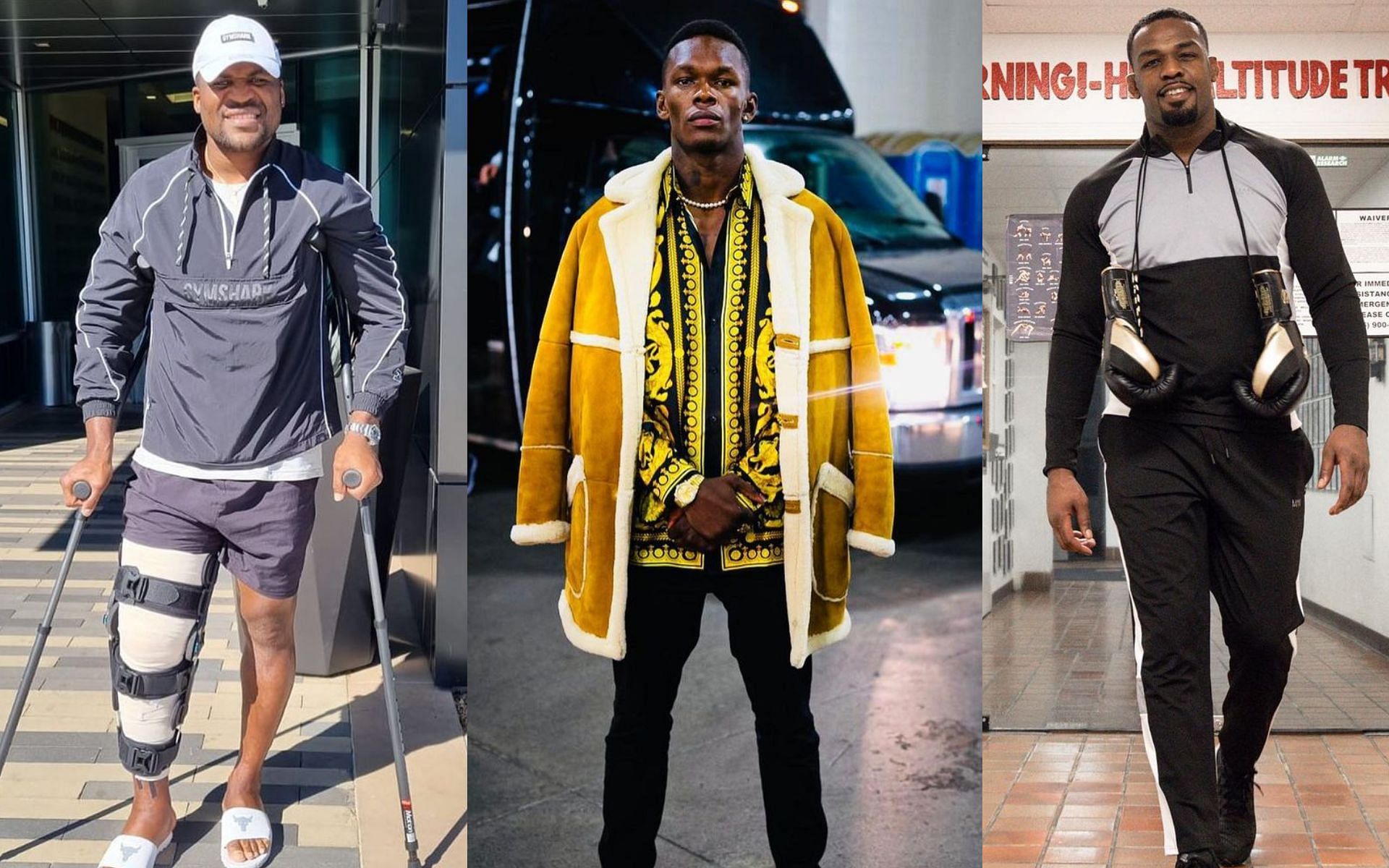 From left to right: Francis Ngannou, Israel Adesanya, Jon Jones [Images courtesy @francisngannou, @stylebender, and @jonnybones on Instagram]