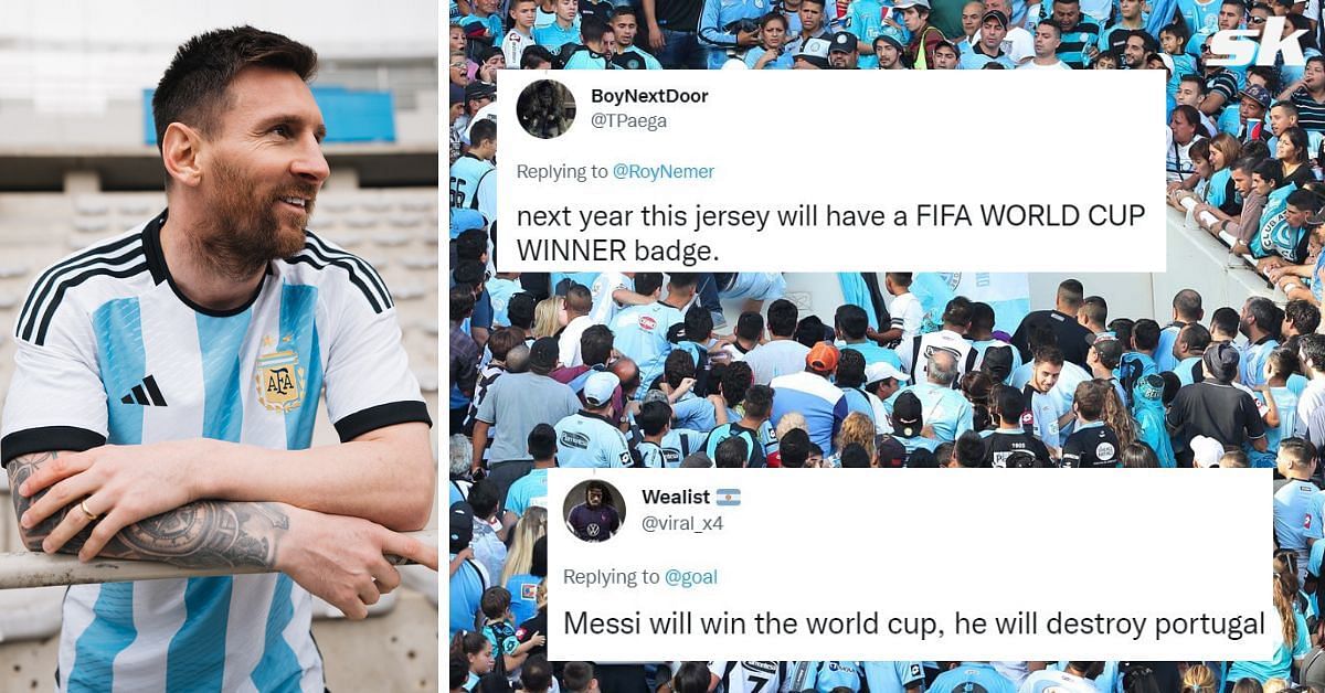 Leo Messi models Argentina's home kit for the 2022 World Cup