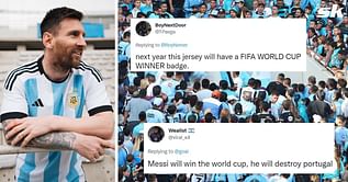 “Next year this jersey will have a FIFA World Cup winner badge” – Fans react as Argentina unveil Lionel Messi in home kit for 2022 FIFA World Cup