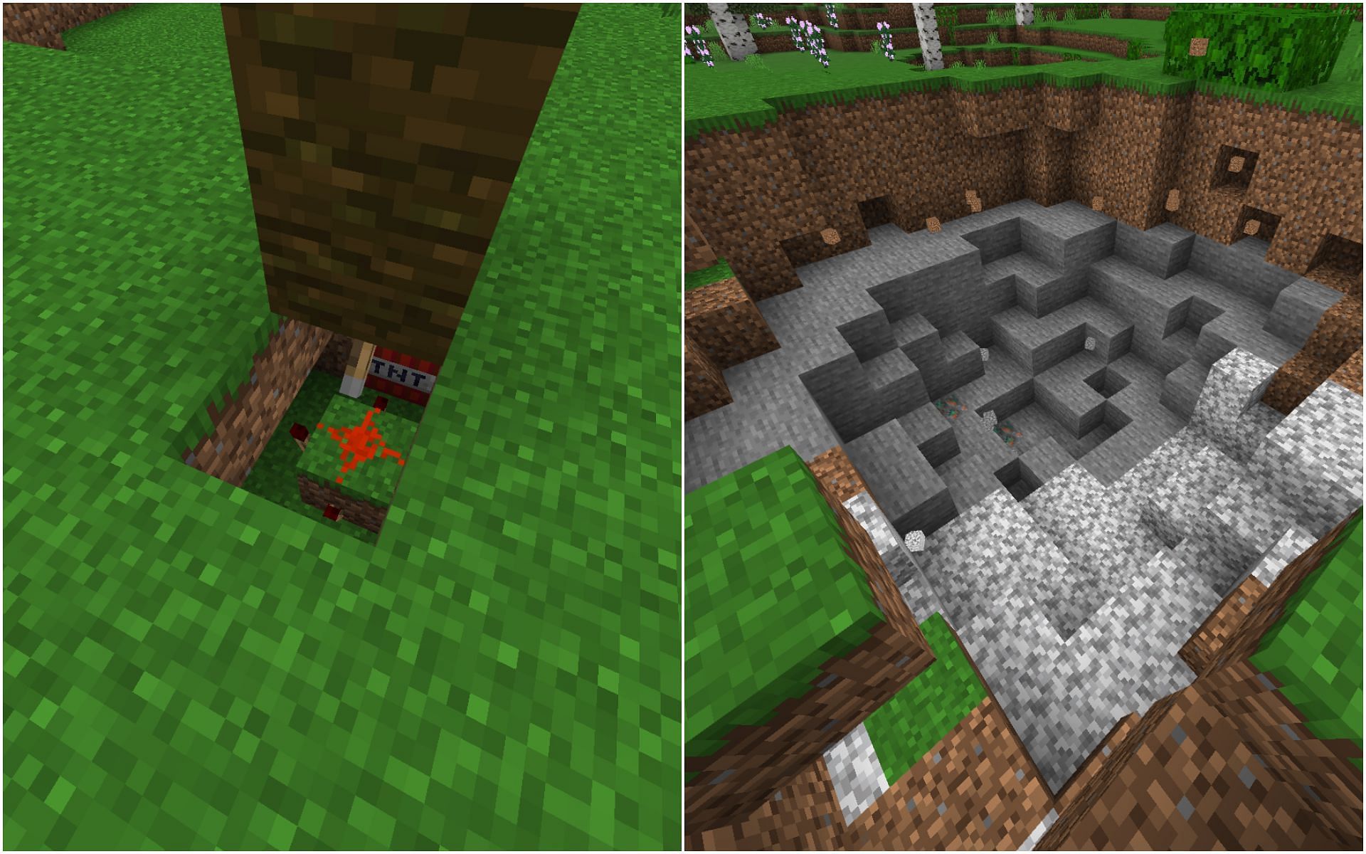 TNT blows up once a player breaks the first wood log (Image via Minecraft Bedrock 1.19)