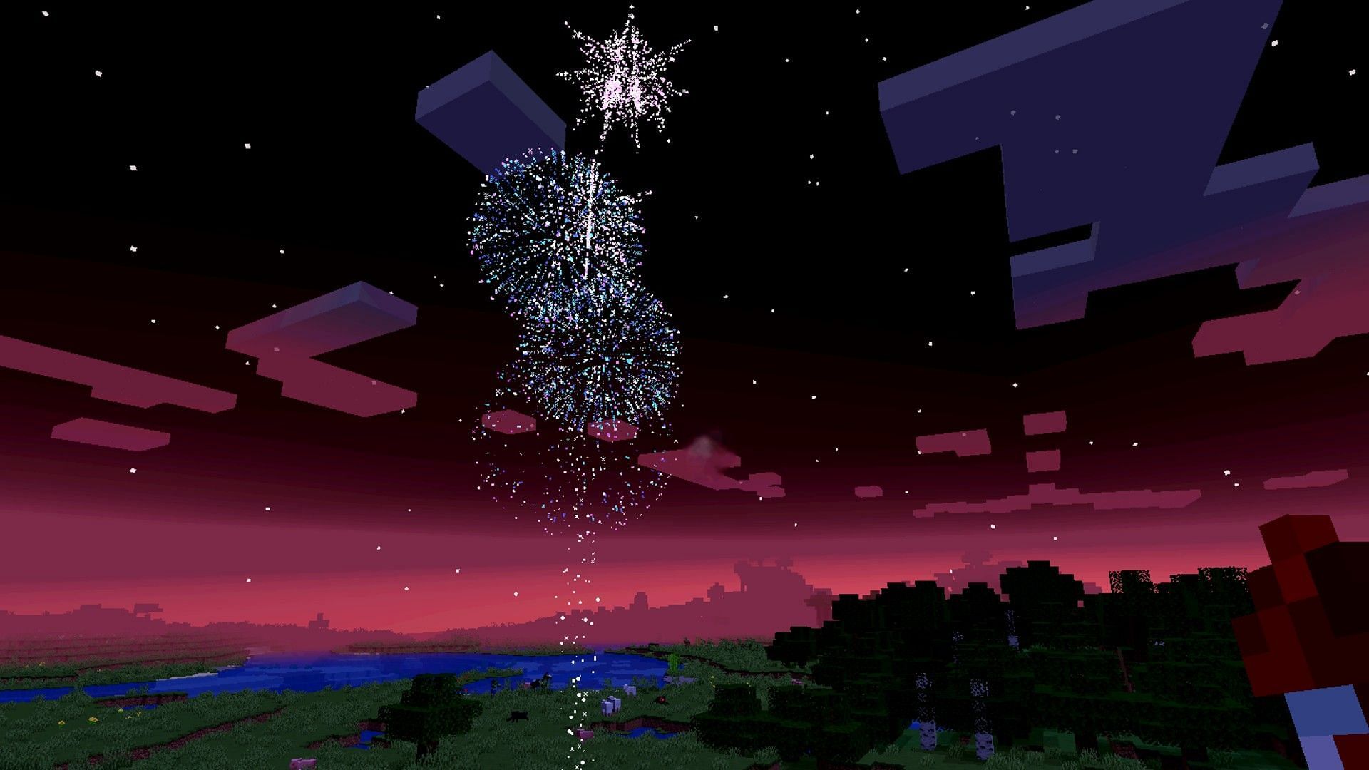 A player-crafted multicolored fireworks display (Image via Mojang)
