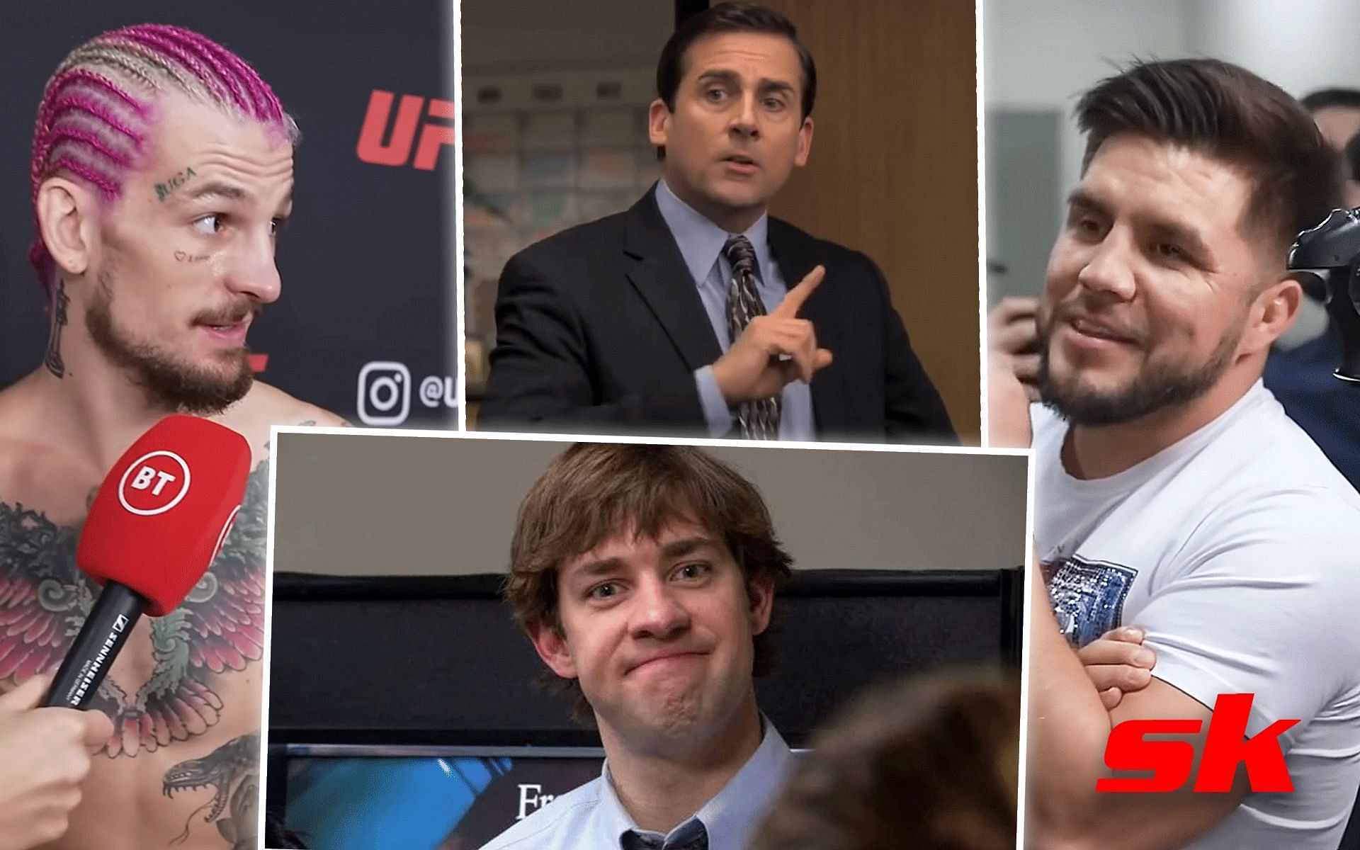 (Clockwise) Sean O&#039;Malley, Michael Scott, Henry Cejudo, and Jim Halpert [Images via BT Sport and The Office on YouTube, @JeneralJay3 on Twitter]