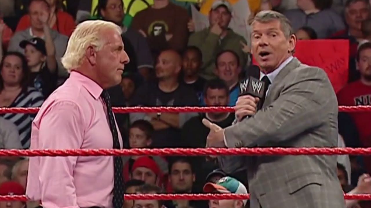 Vince McMahon and Ric Flair face-to-face in an iconic segment