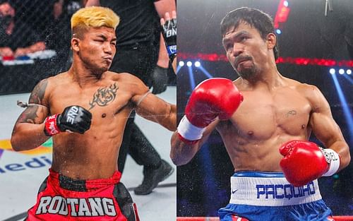 ONE flyweight Muay Thai world champion Rodtang (left) bears strong resemblance with the career, life, and fighting style of boxing icon Manny Pacquiao. (Image courtesy of ONE)