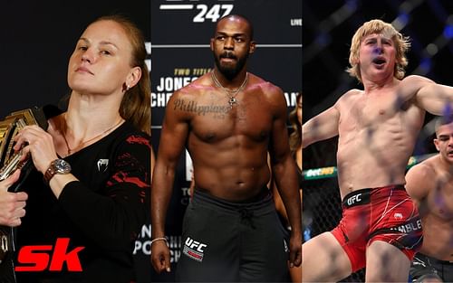 Valentina Shevchenko (left), Jon Jones (center), Paddy Pimblett (right)