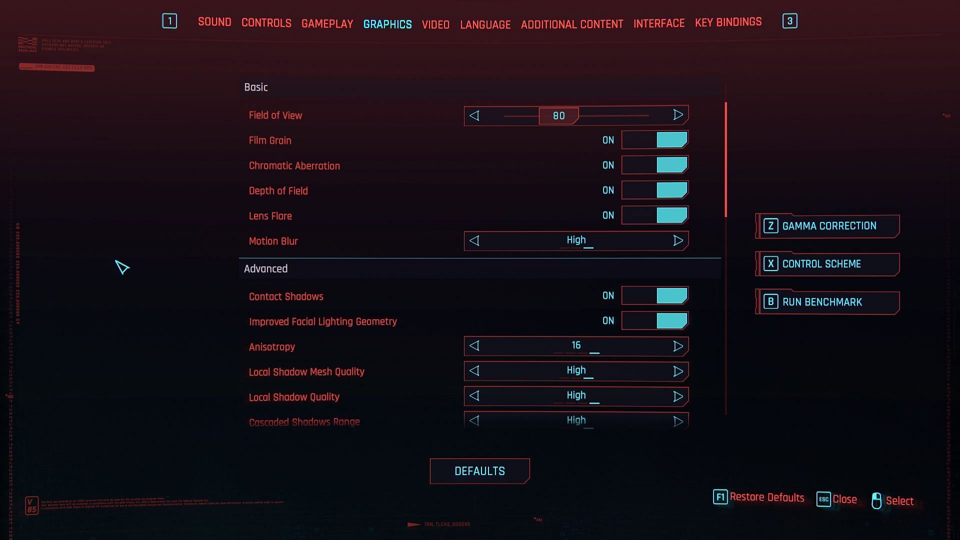 In-game settings of Cyberpunk 2077 (Image via Sportskeeda)