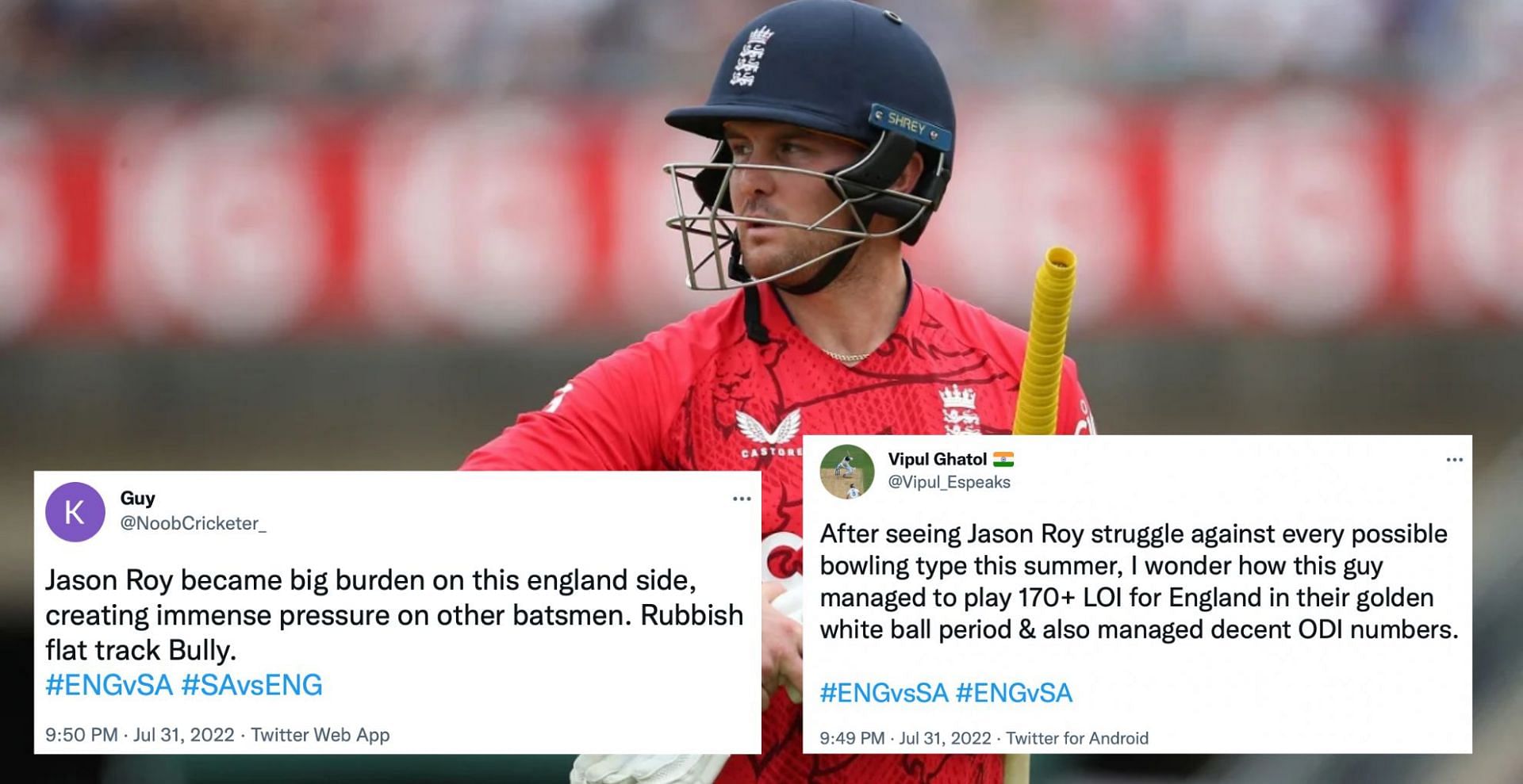 Jason Roy&#039;s poor form with the bat continued in the third T20I against South Africa. (Credit: Twitter)