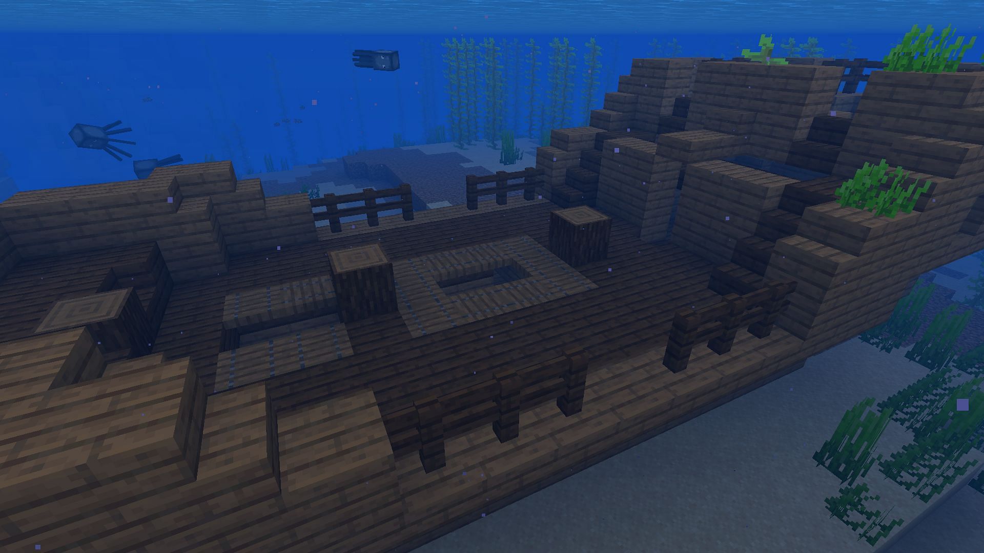 An example of a shipwreck in a shallow ocean (Image via Minecraft)
