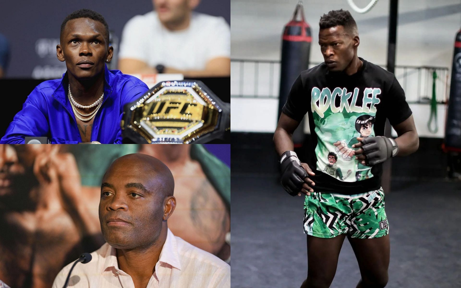 Israel Adesanya (Top Left), Anderson Silva (Bottom Left), Mike Mathetha (Right) (Images courtesy of Getty and blood_diam0nd OInstagram)