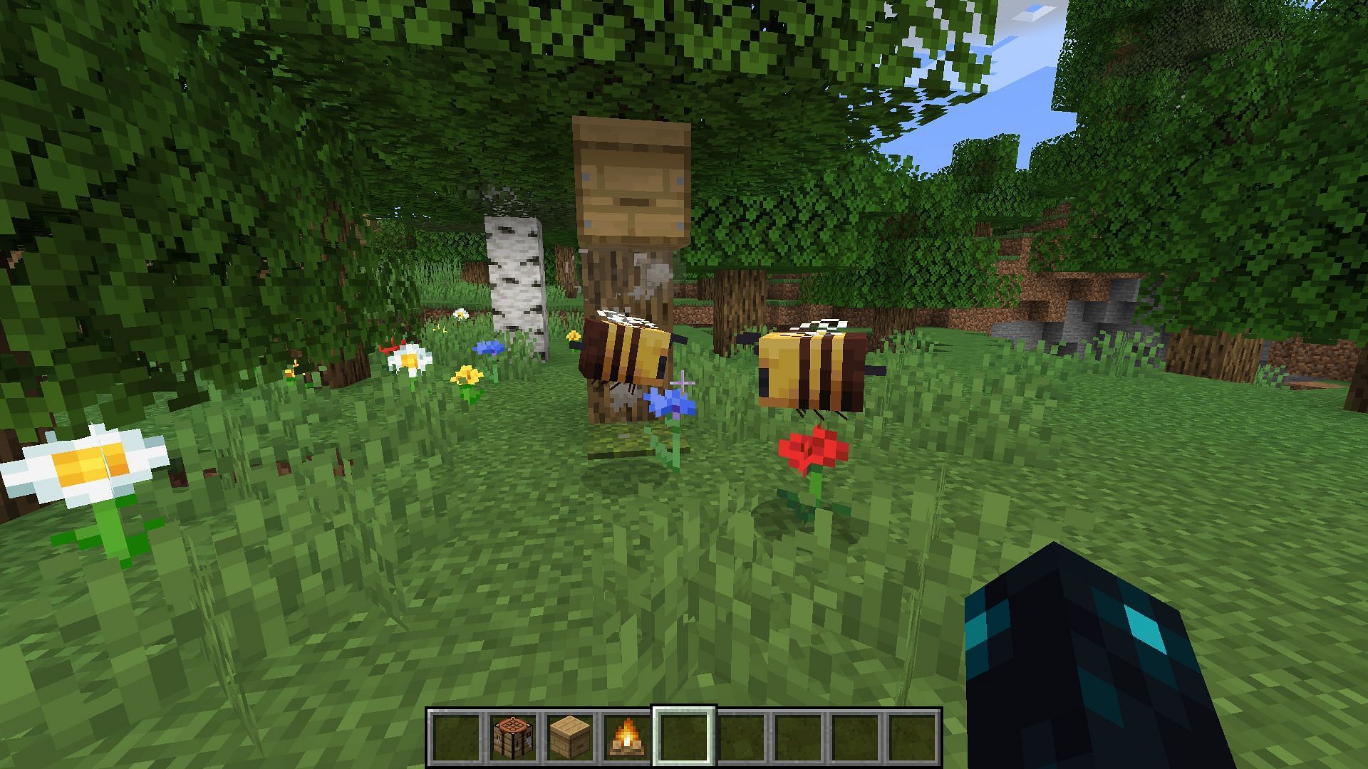 Bees hovering over flowers to get nectar and make honey inside beehive (Image via Minecraft 1.19)