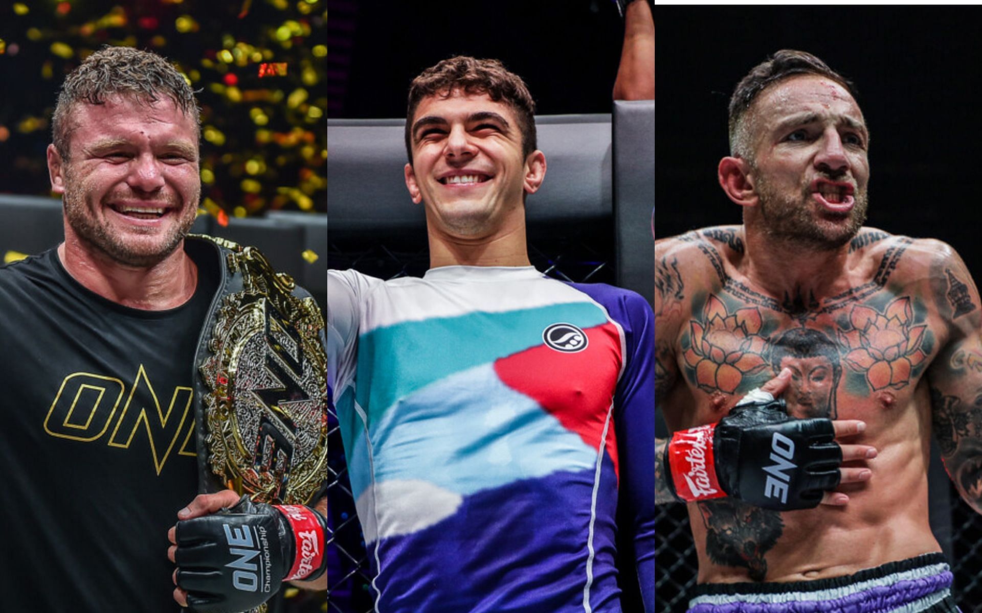 Mikey Musumeci (C), Anatoly Malykhin (L), and Liam Harrison (R) had some memorable reactions after winning a performance bonus. | [Photos: ONE Championship]