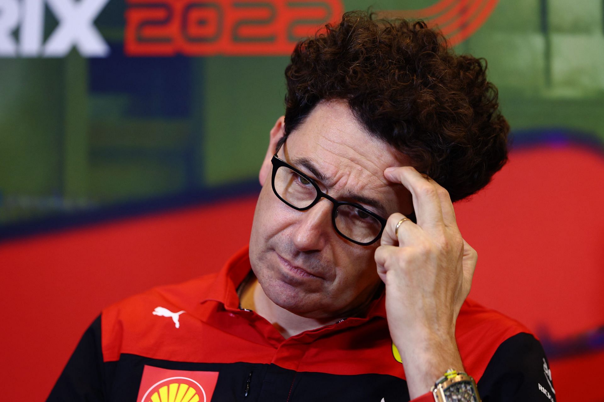 Scuderia Ferrari team principal Mattia Binotto looks on in the Team Principals Press Conference before final practice ahead of the F1 Grand Prix of Azerbaijan at Baku City Circuit on June 11, 2022, in Baku, Azerbaijan (Photo by Clive Rose/Getty Images)