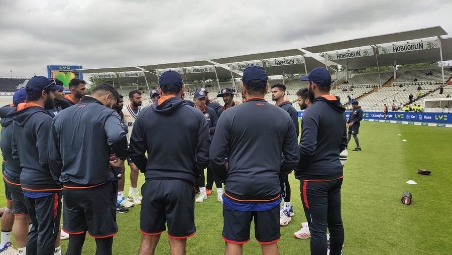 Rohit Sharma was spotted in the Team India huddle ahead of Day 5 of the rescheduled Test against England. Pic: BCCI