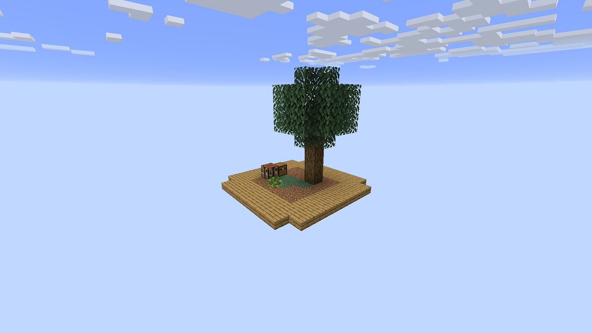 A new skyblock world, and surrounding wooden slab platforms (Image via Minecraft)