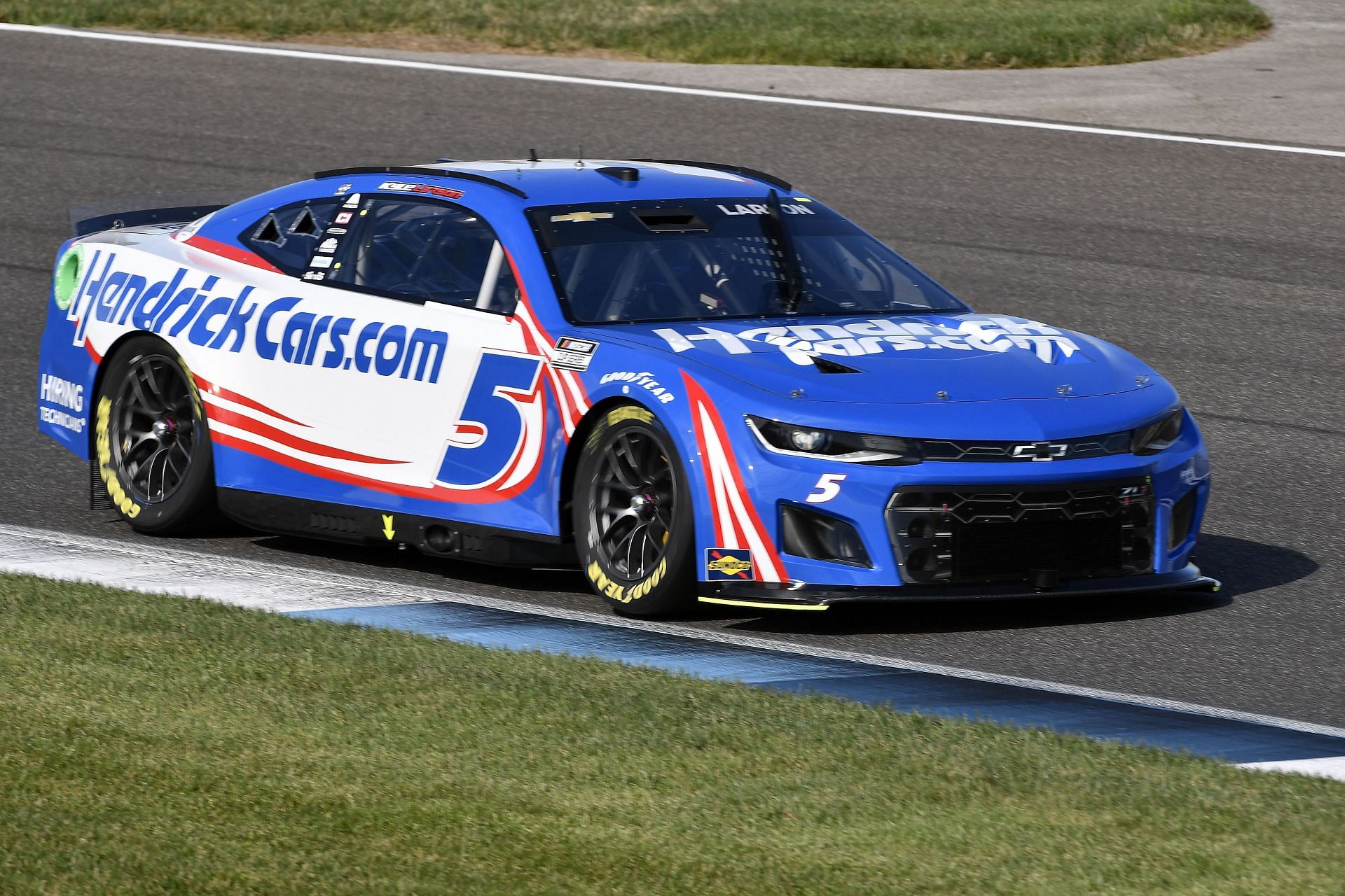 Kyle Larson drives during practice for the NASCAR Cup Series Verizon 200 at the Brickyard at Indianapolis Motor Speedway