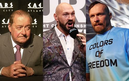 Bob Arum (left), Tyson Fury (center), and Oleksandr Usyk (right)