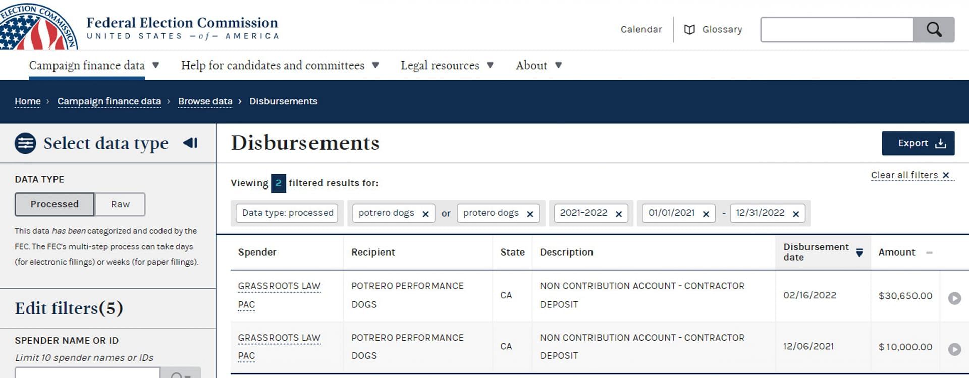 The Federal Election Commission records of the payment (Image via FEC)