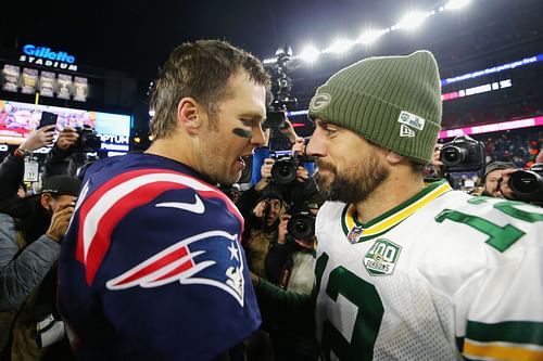 Aaron Rodgers and Tom Brady interact after an NFL game