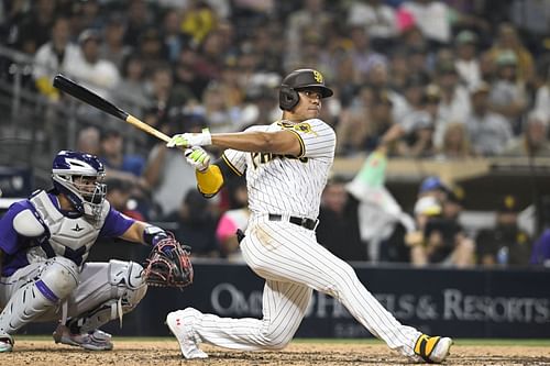 Juan Soto of the San Diego Padres hits a single.