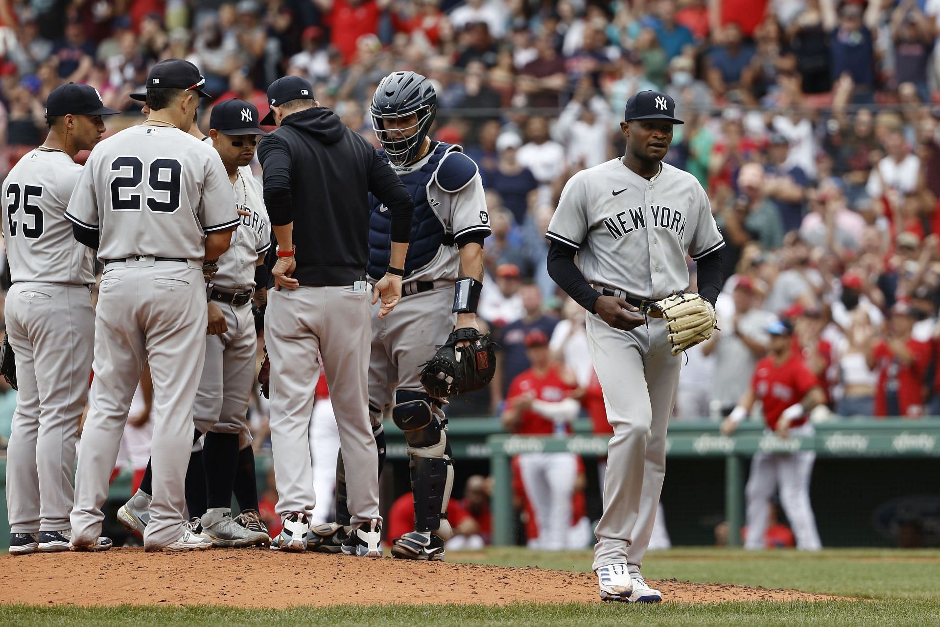 Pitcher Domingo German of the New York Yankees leaves the mound after giving up his first hit.