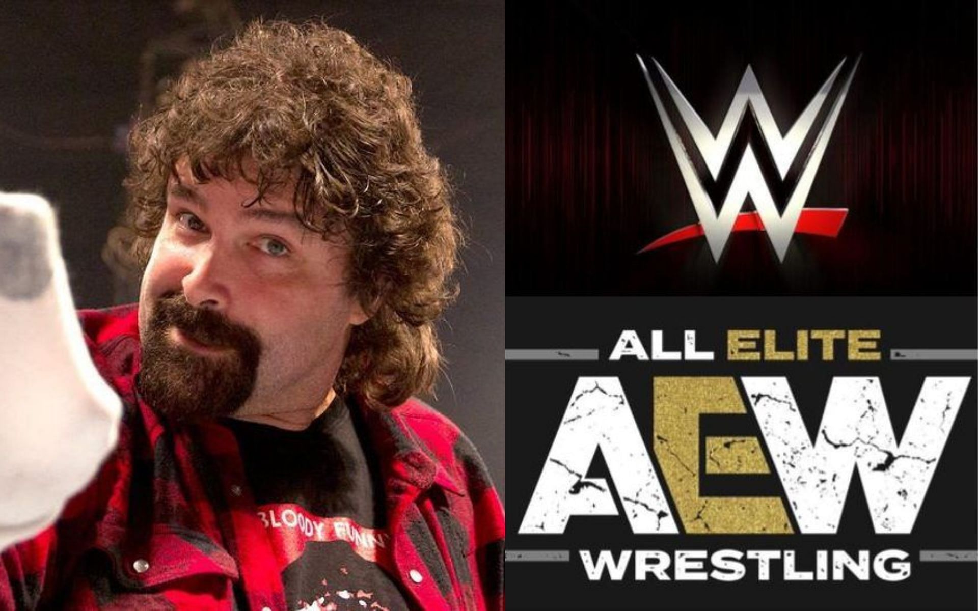 Mick Foley (left) and AEW and WWE logos (right).